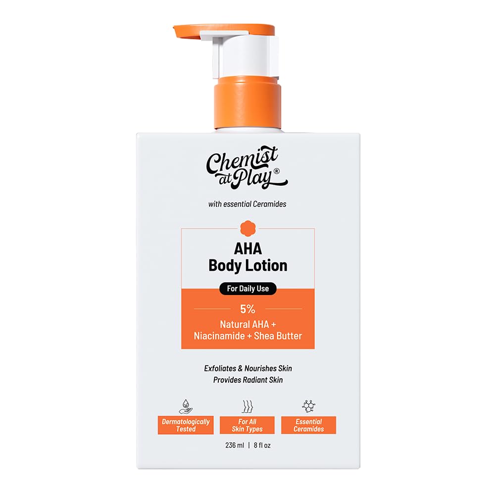 Loción Corporal AHA de Chemist at Play, textura cremosa para nutrir y suavizar la piel.