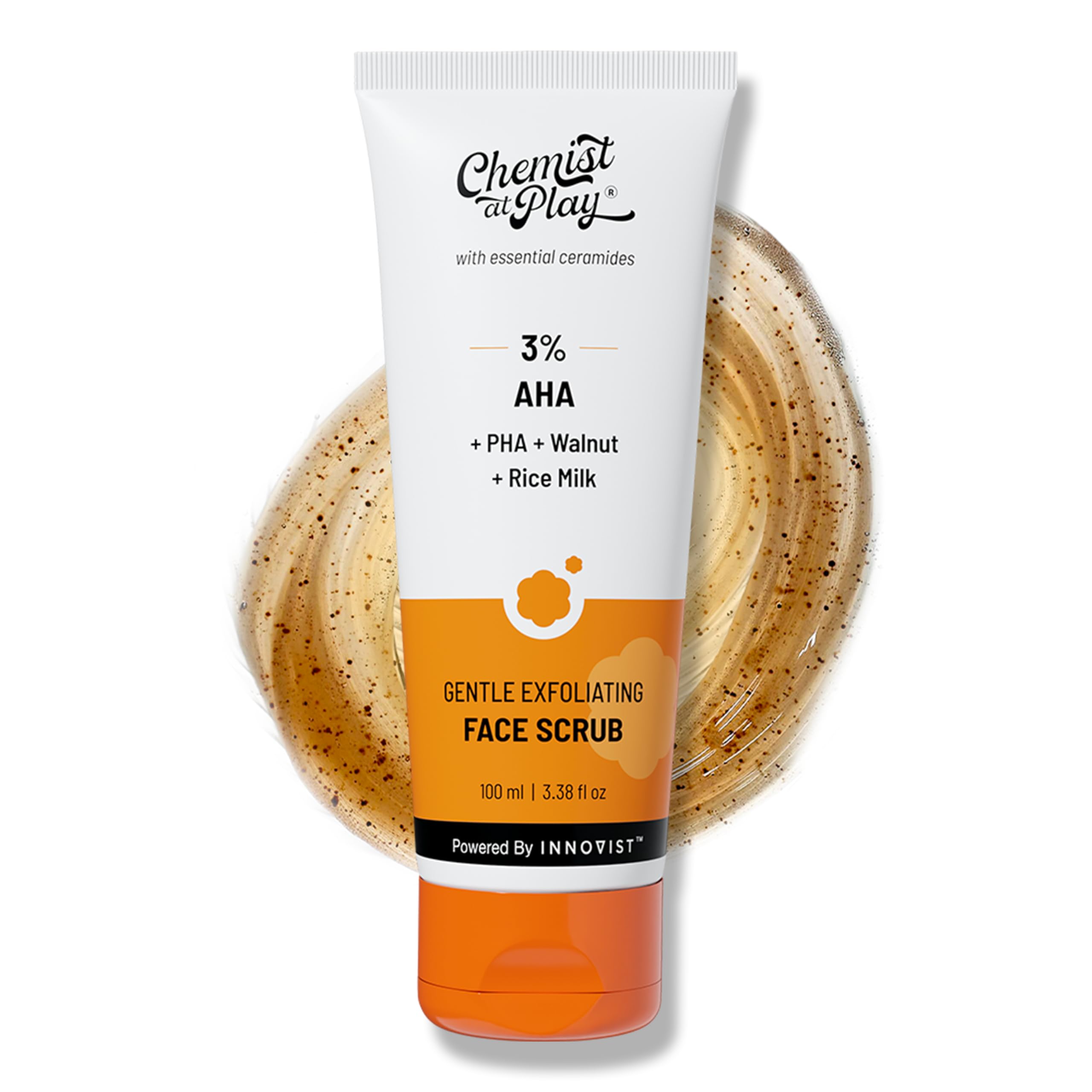 Chemist at Play gentle exfoliating scrub bottle highlights smooth texture and glow.