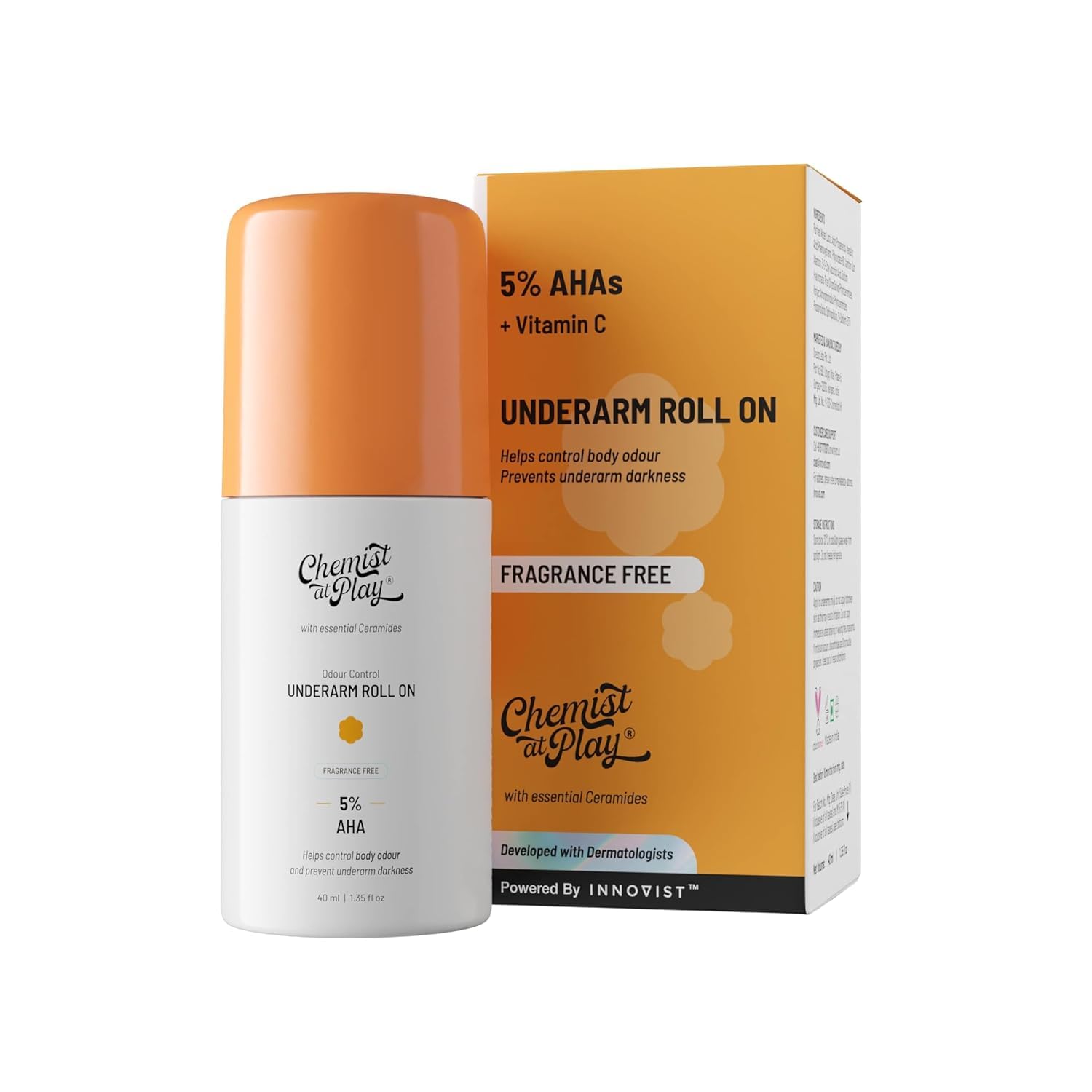 Chemist at Play UnderArm Roll-On con AHA para renovación suave de axilas.