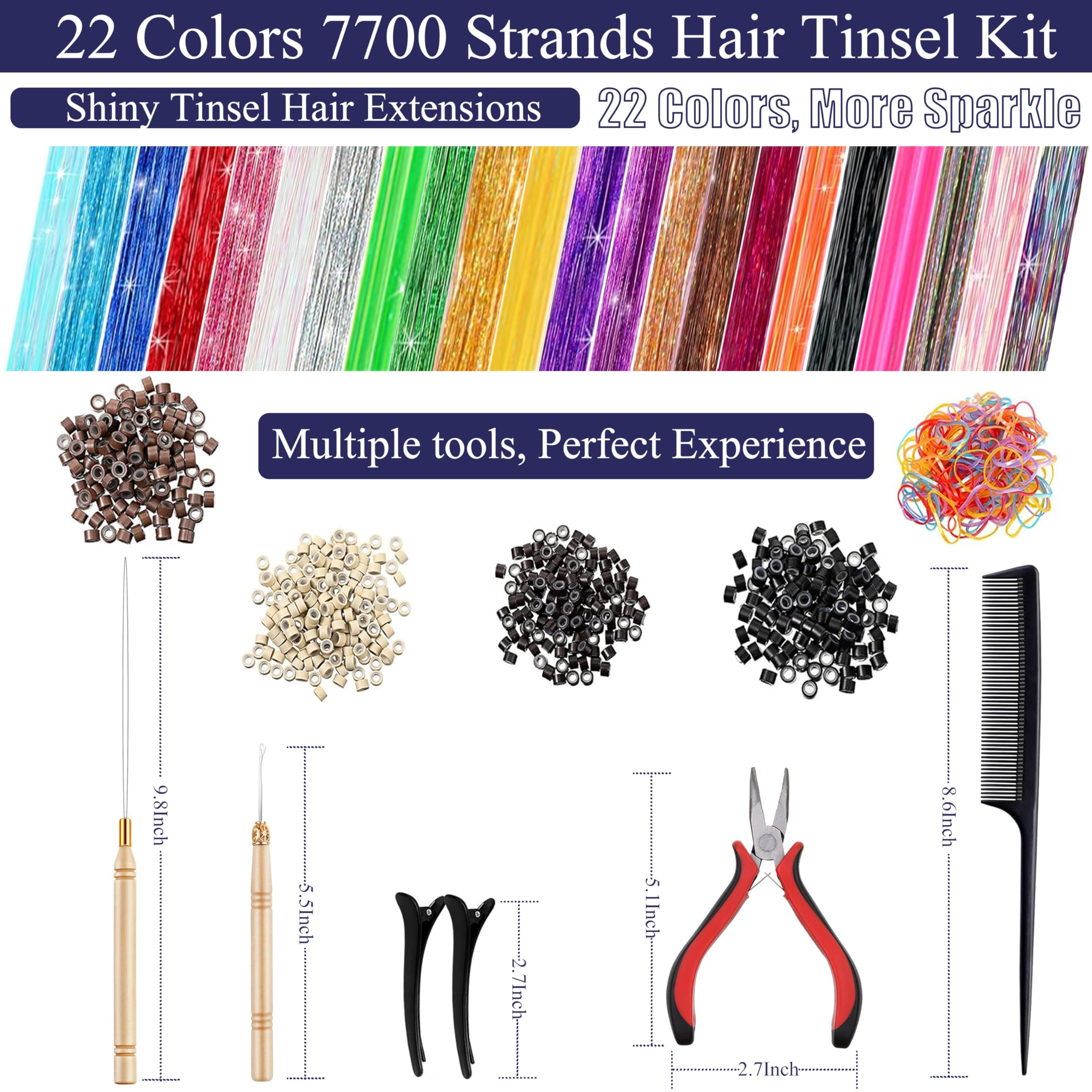 CHENZI 48-inch tinsel extensions shown with tools for easy application.