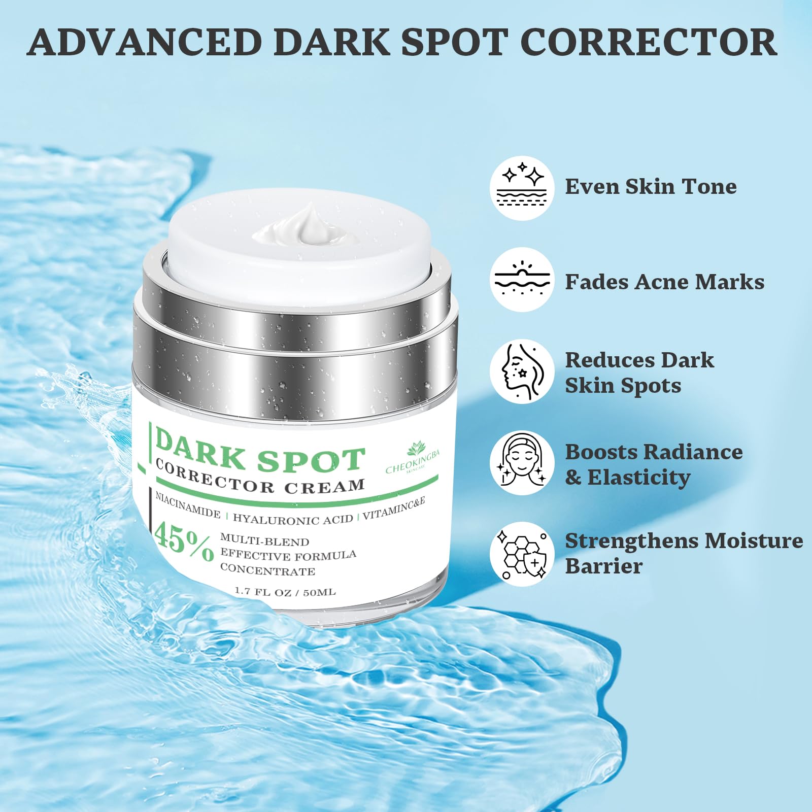 CHEOKINGBA jar of brightening cream showing Niacinamide and Vitamin C benefits.