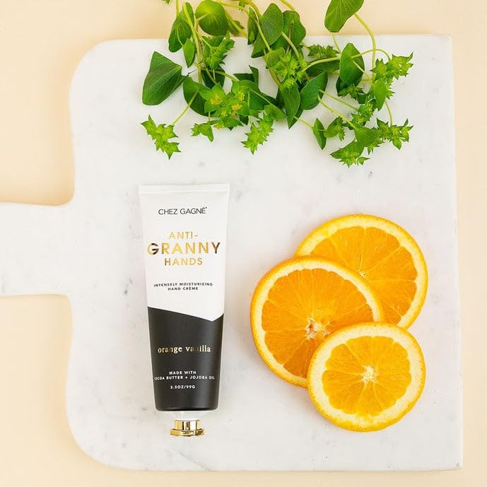 Orange vanilla scent packaging of Chez Gagné hand cream.