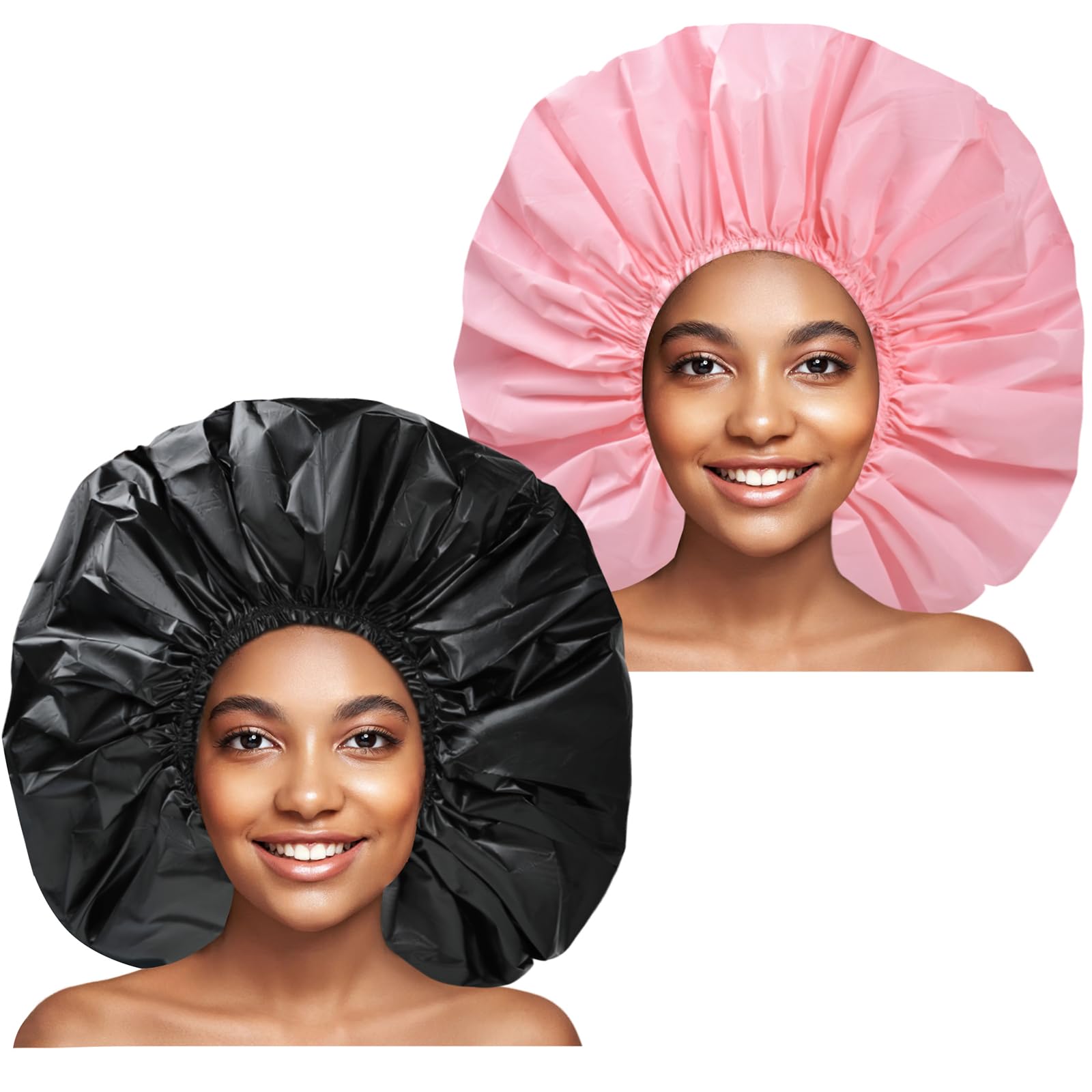 CHFONG extra-large shower cap in black and pink keeps hair dry during showers.