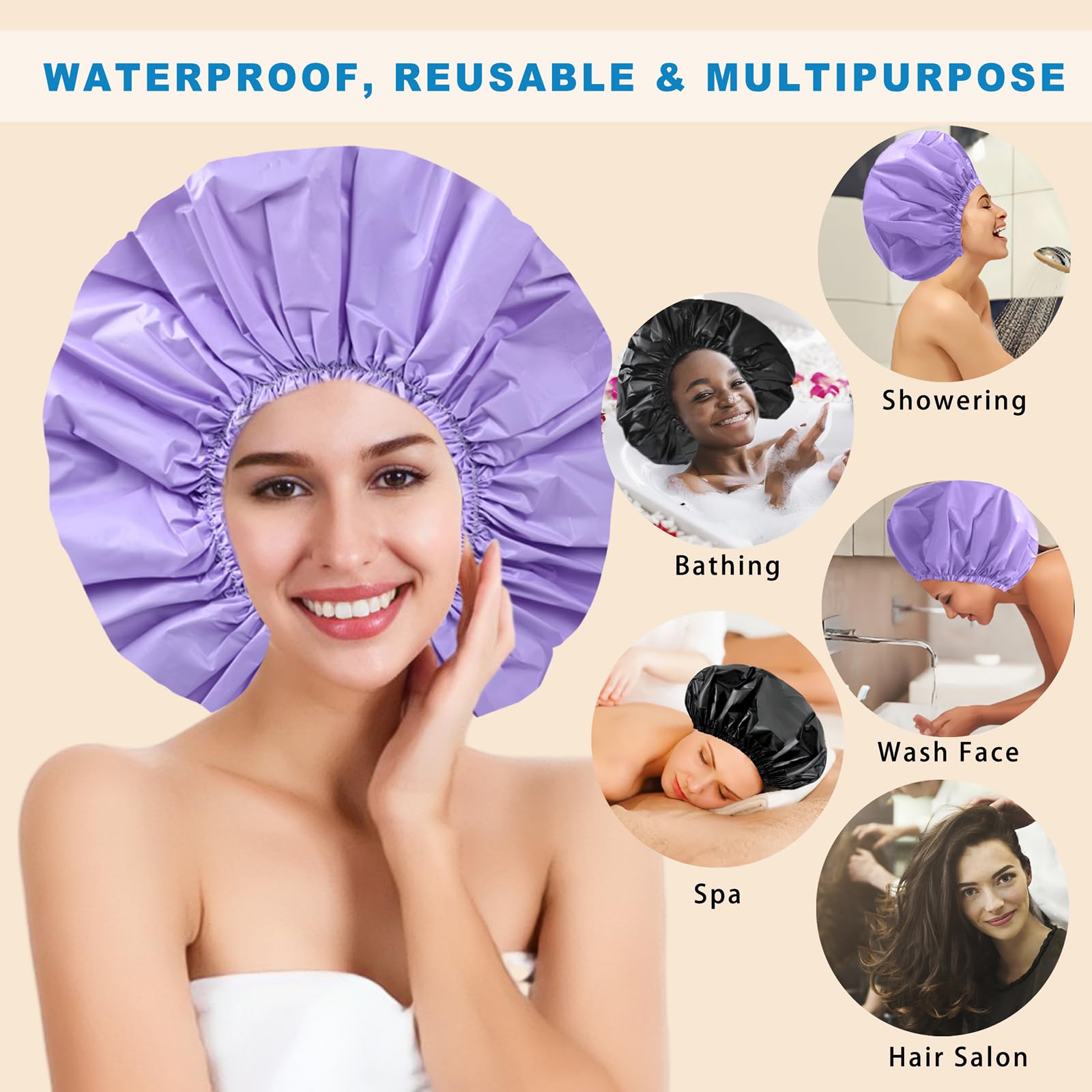 Oversized CHFONG jumbo shower cap fits long thick curls comfortably.