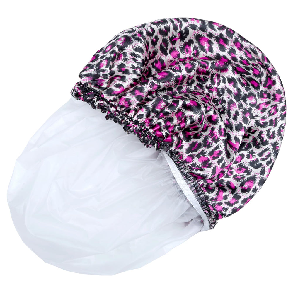 CHFONG shower cap on head demonstrates adjustable, free-size design