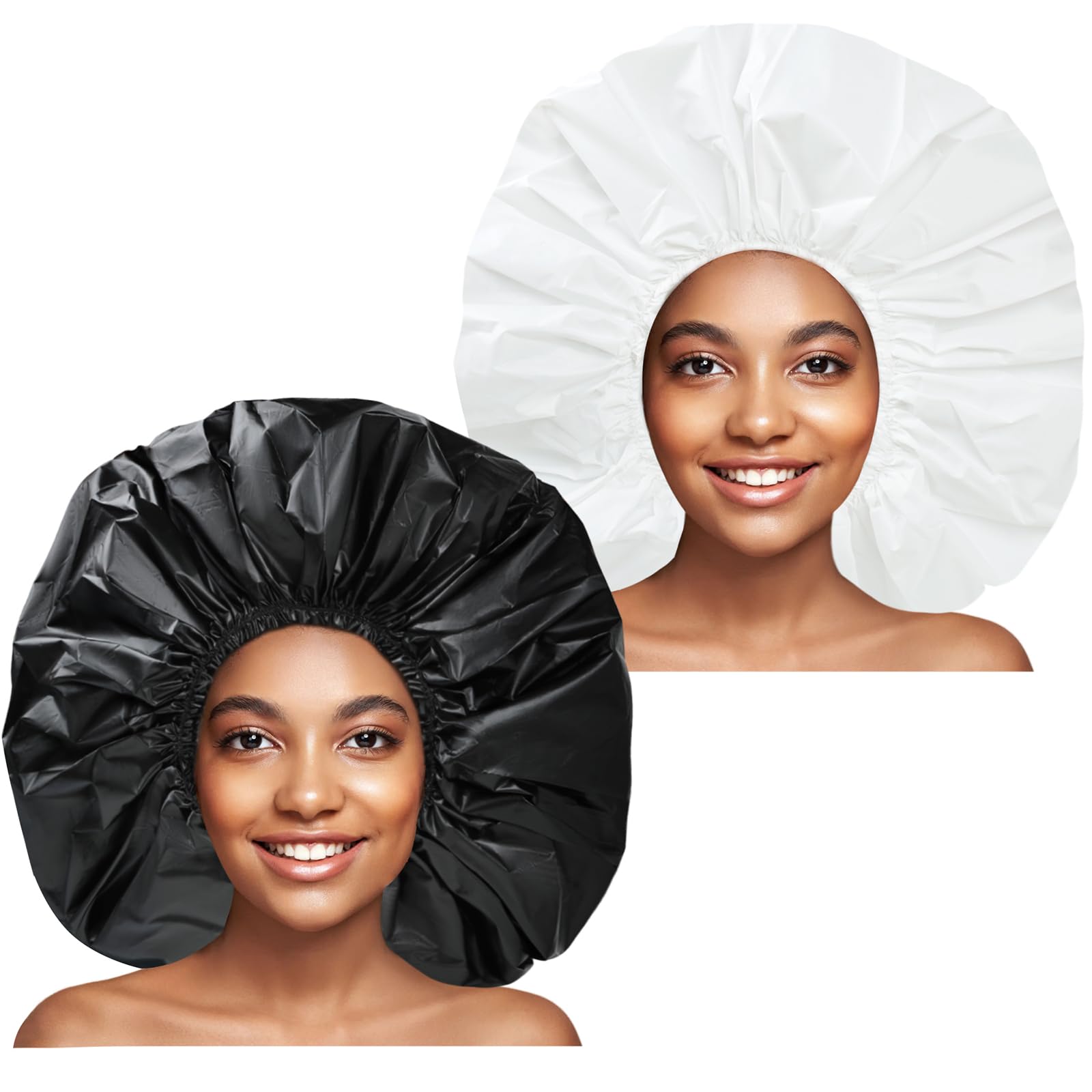 CHFONG super jumbo shower cap in black and white protects hair during showers
