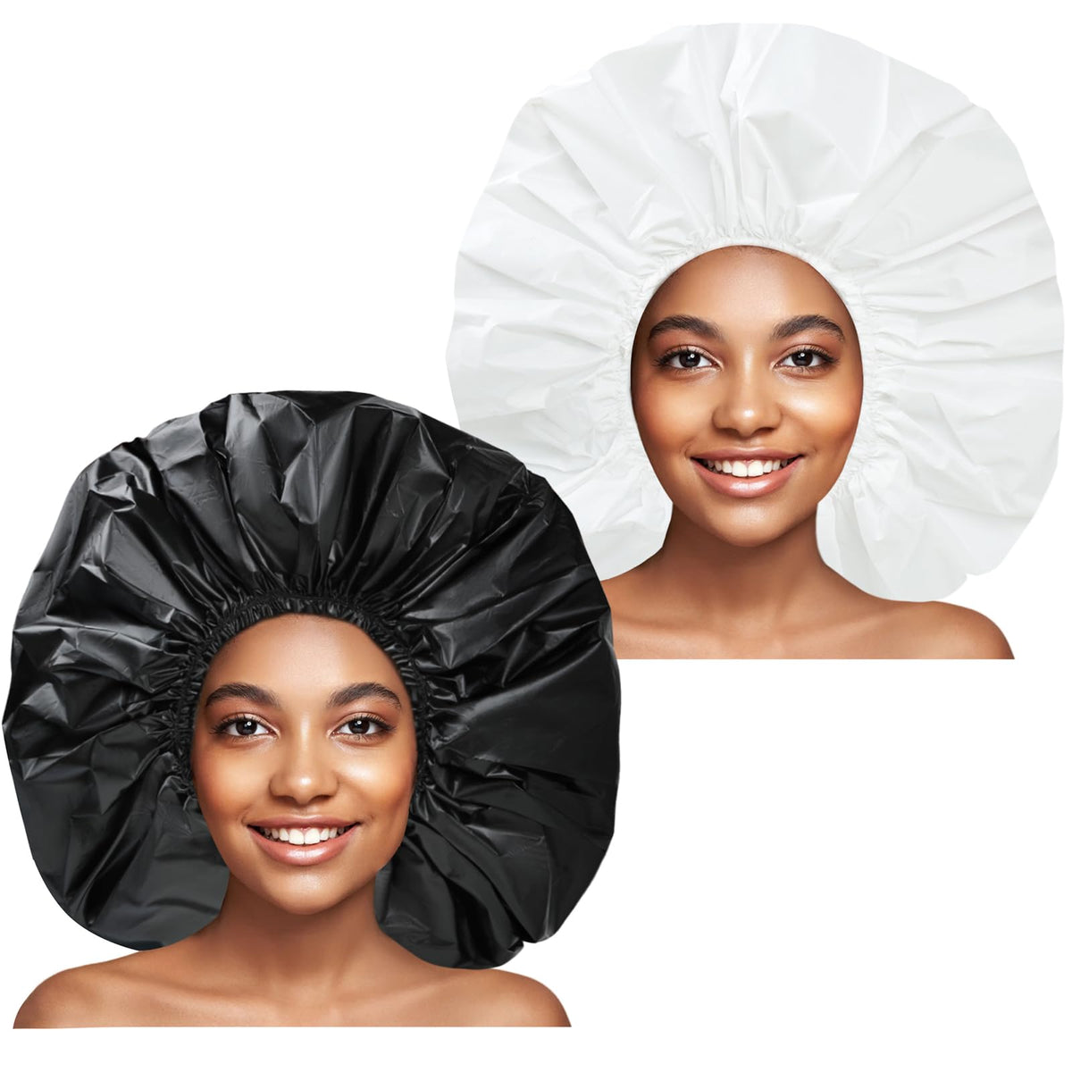 CHFONG super jumbo shower cap in black and white protects hair during showers