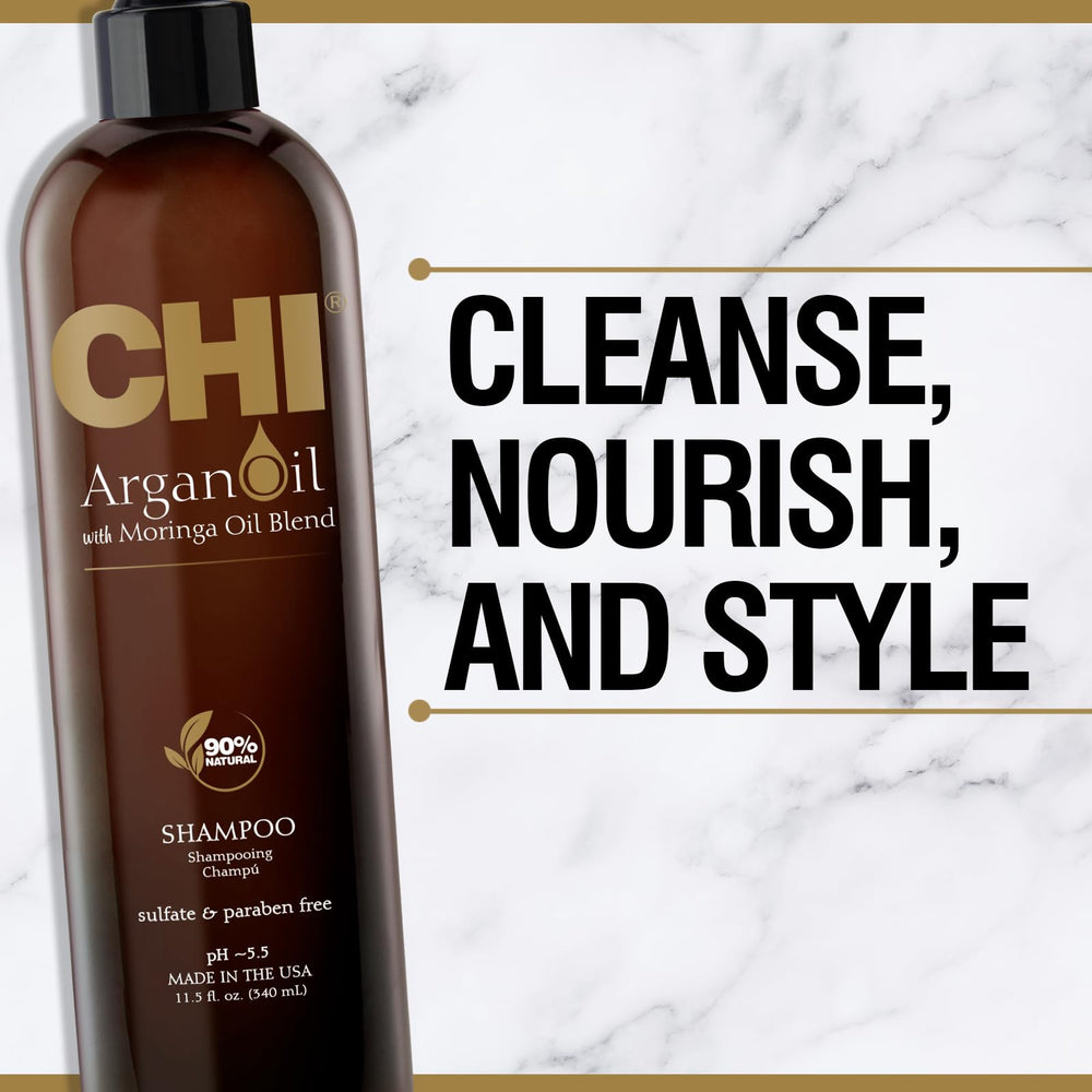 CHI Champú Aceite de Argán, brillo natural destacado tras el lavado.