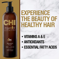 CHI Champú Aceite de Argán, textura cremosa visible para una experiencia de lavado agradable.