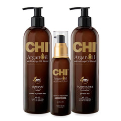 CHI Argan Oil Shampoo bottle delivering smoothing hydration for glossy, manageable hair