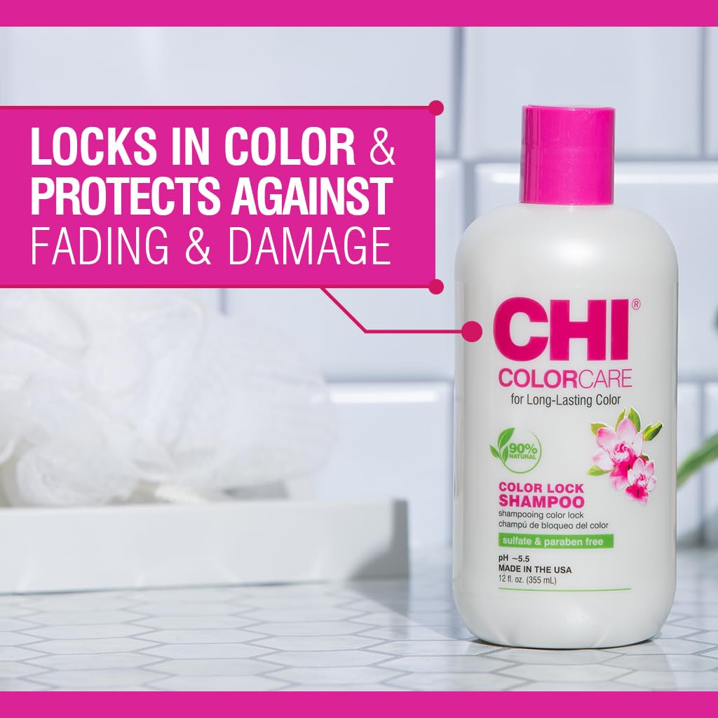 CHI ColorCare Color Lock Shampoo, primer plano, muestra textura cremosa que protege el color.