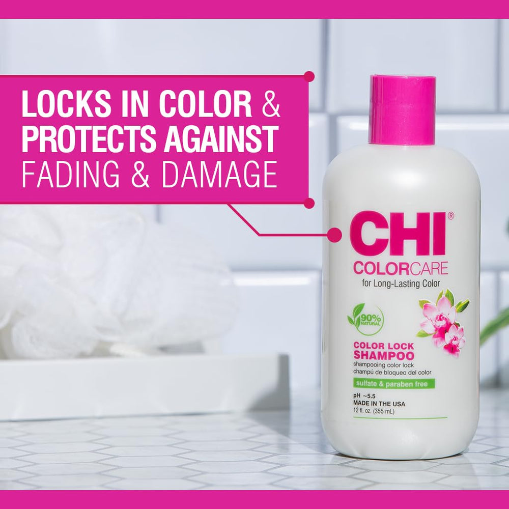 CHI ColorCare Color Lock Shampoo, primer plano, muestra textura cremosa que protege el color.