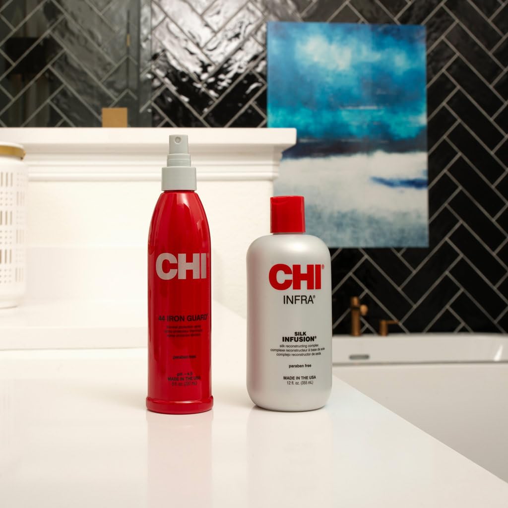 CHI Infra Silk Infusion droplets on hair illustrate shine and frizz control.