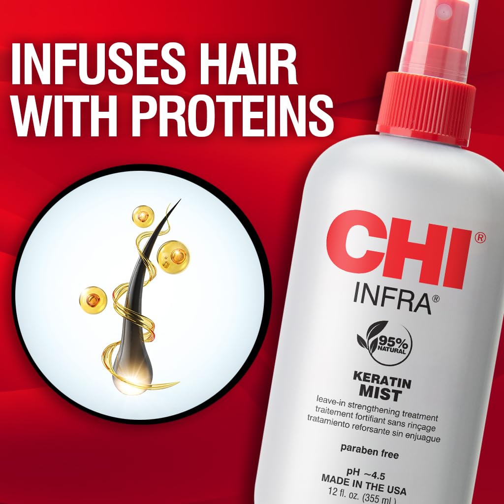 CHI Keratin Mist, cabello-seda-brillo: cabello con sensación sedosa y brillo natural.