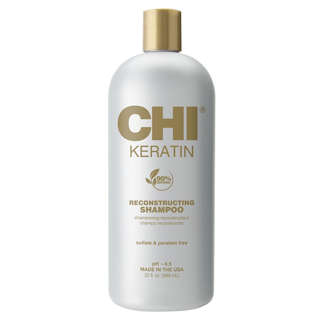 CHI Keratin Reconstructing Shampoo bottle shows sulfate-free formula for healthier hair