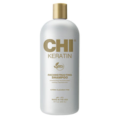 CHI Keratin Reconstructing Shampoo bottle shows sulfate-free formula for healthier hair