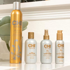 CHI Keratina con aceite de jojoba para nutrición profunda y brillo natural.