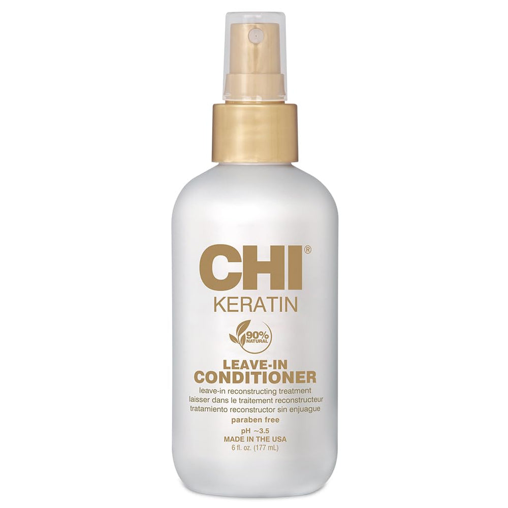 Acondicionador CHI Keratina sin enjuague en botella, hidratación y reparación suaves.