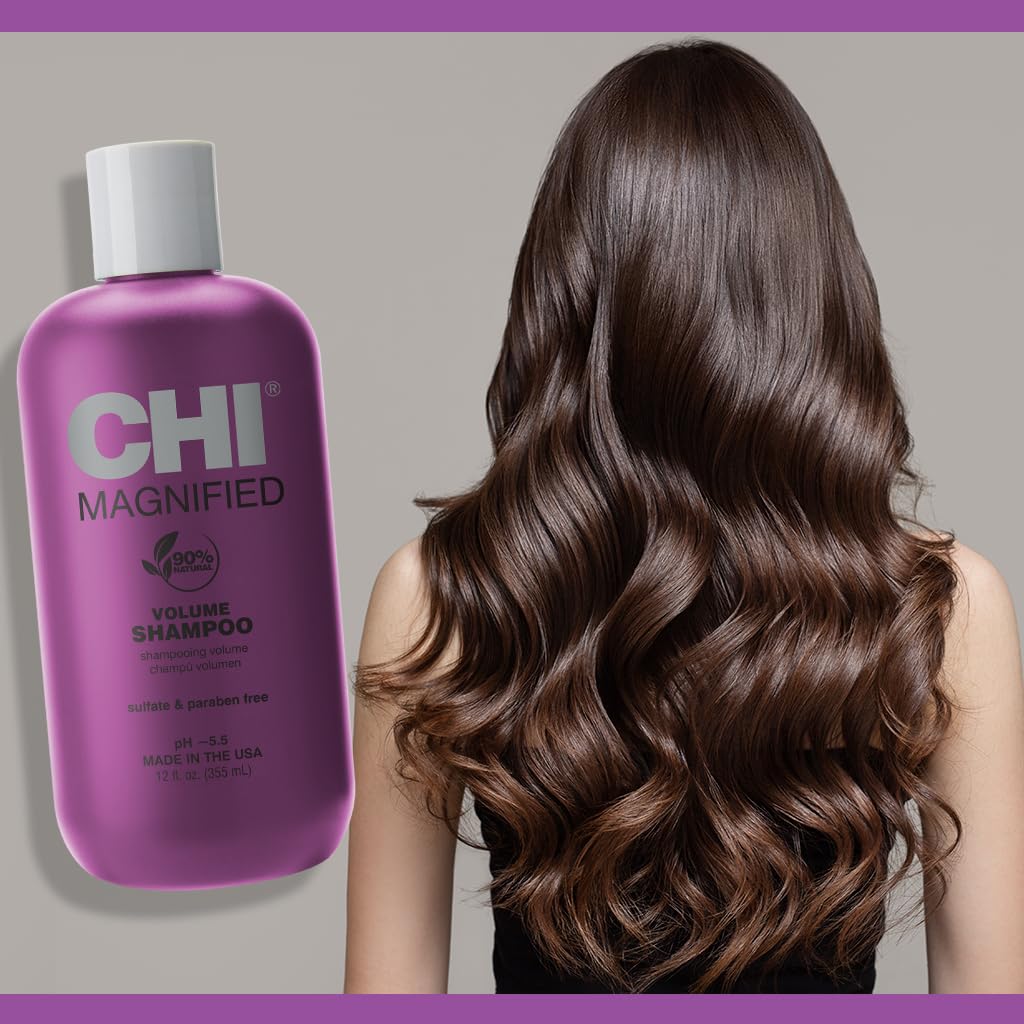 Champú CHI de Volumen Magnificado, sin sulfatos ni parabenos para cuidado suave.