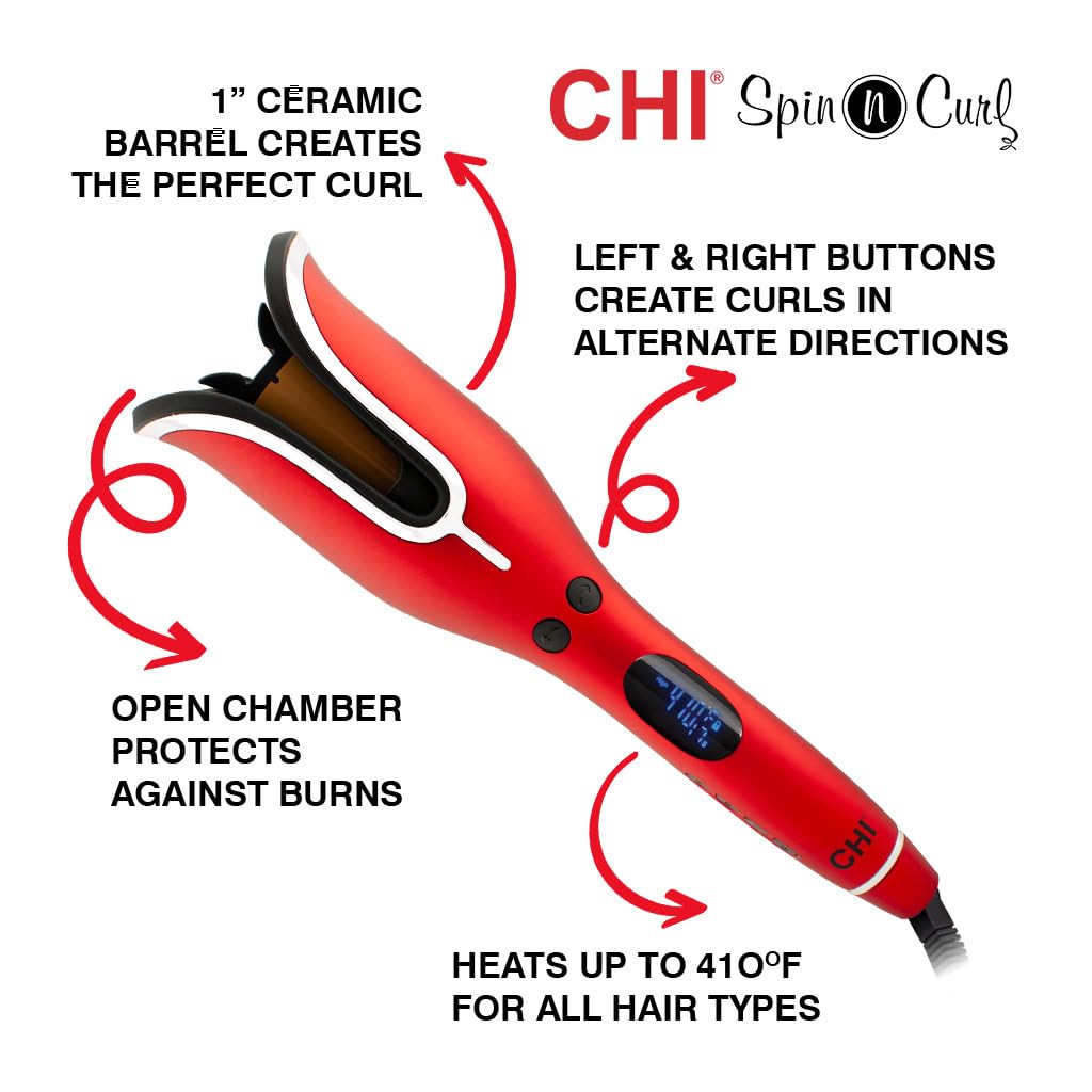 CHI Spin N Curl shows hair entering the curl chamber for uniform waves.