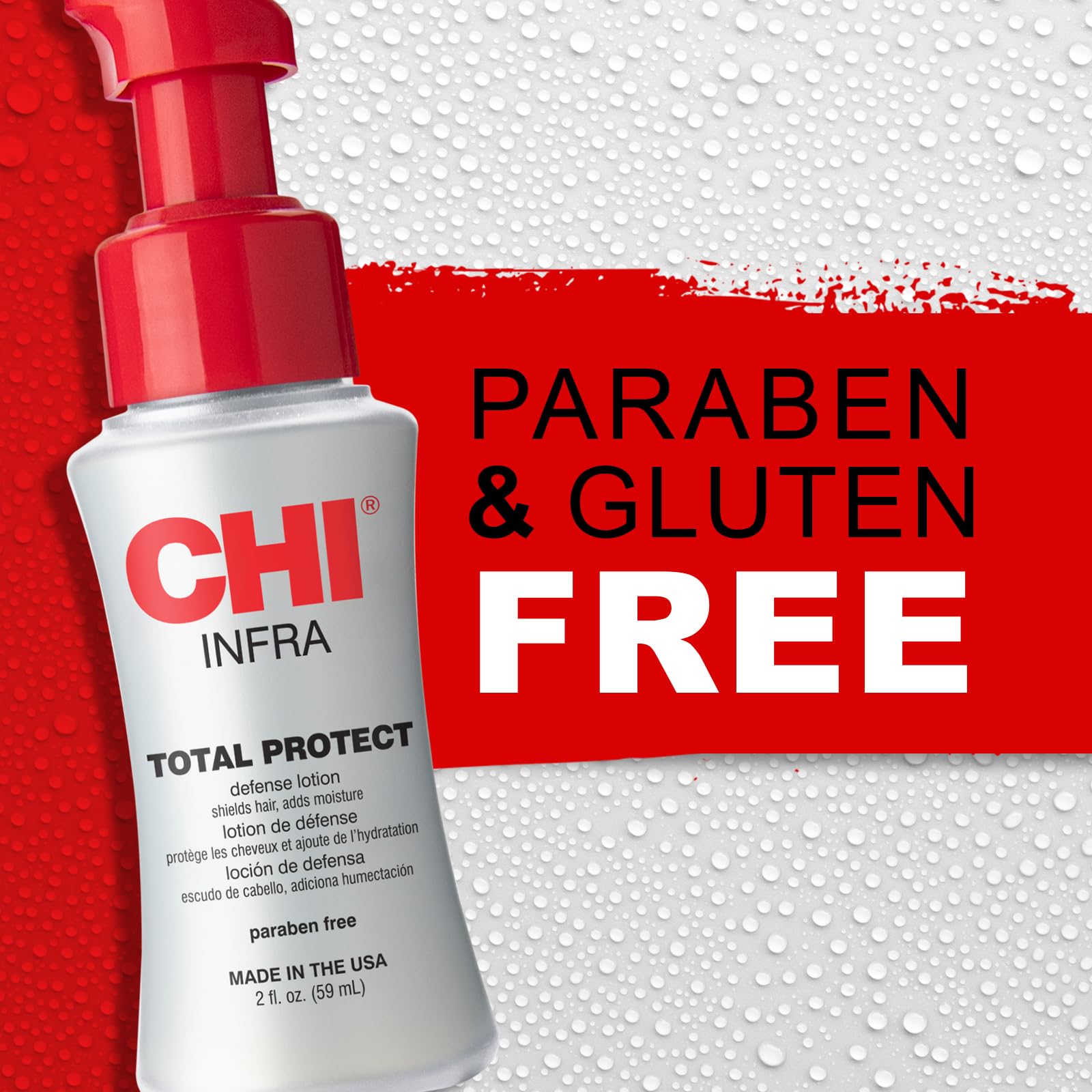 CHI Total Protect Defense Lotion packaging emphasizes cruelty-free, sulfate-free formula.