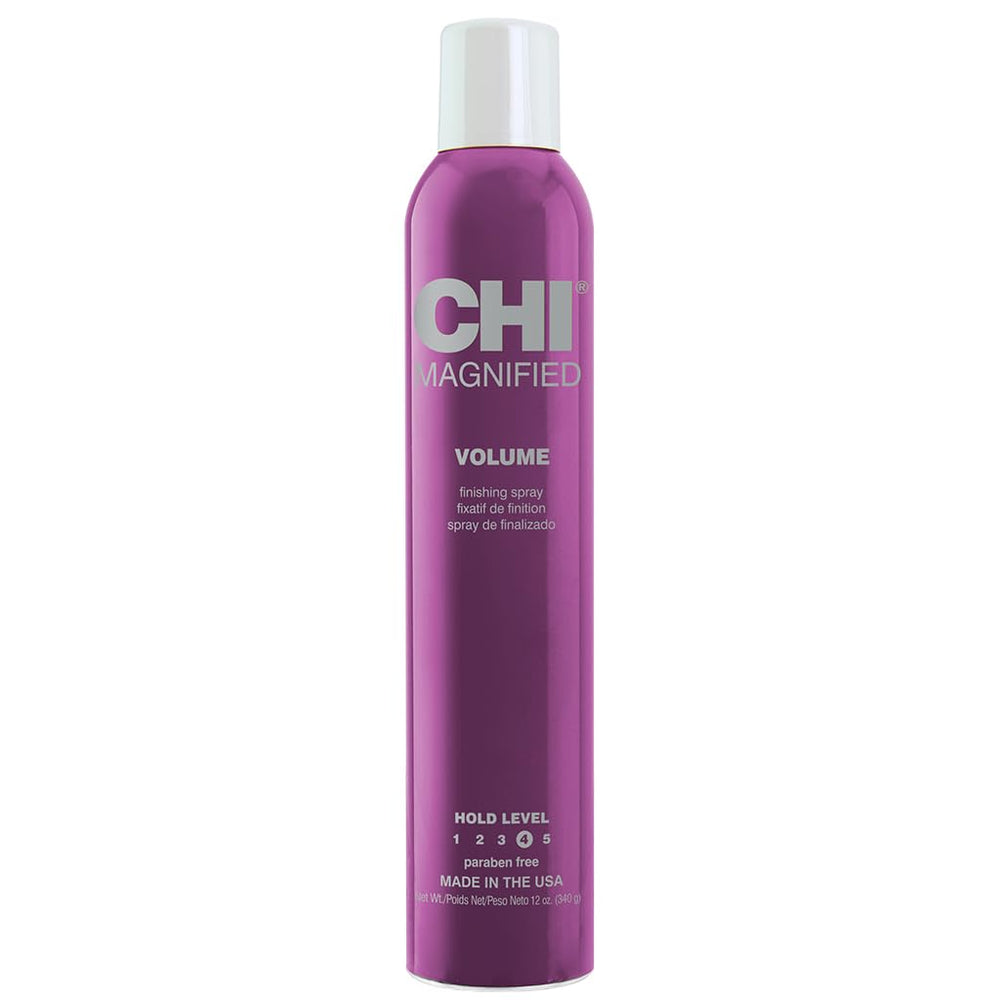 CHI Magnified Volume Finishing Hair Spray, botella visible para volumen duradero y brillo.