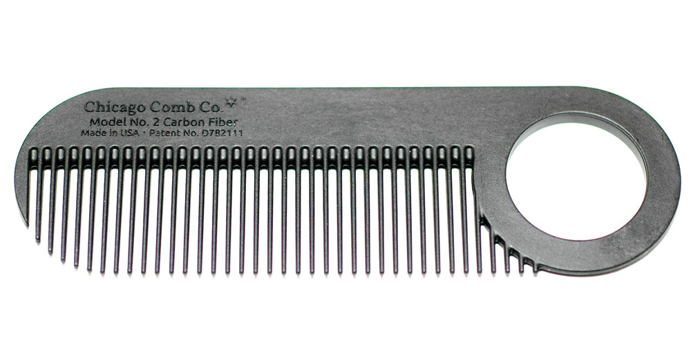 Chicago Comb Model 2 carbon fiber pocket image emphasizes portable, anti-static styling on the go.
