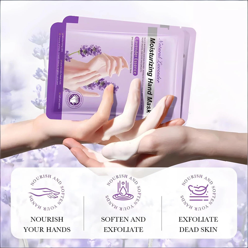 Chicwe Lavender hand mask sachets illustrate even saturation across fingers.
