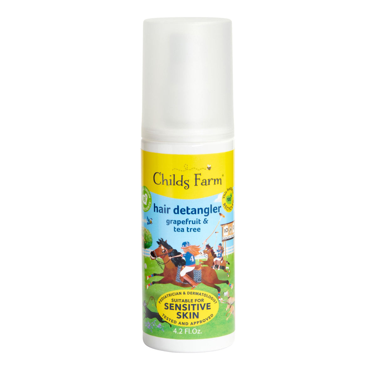 Childs Farm Kids Hair Detangler bottle front for easy brushing of tangled hair.