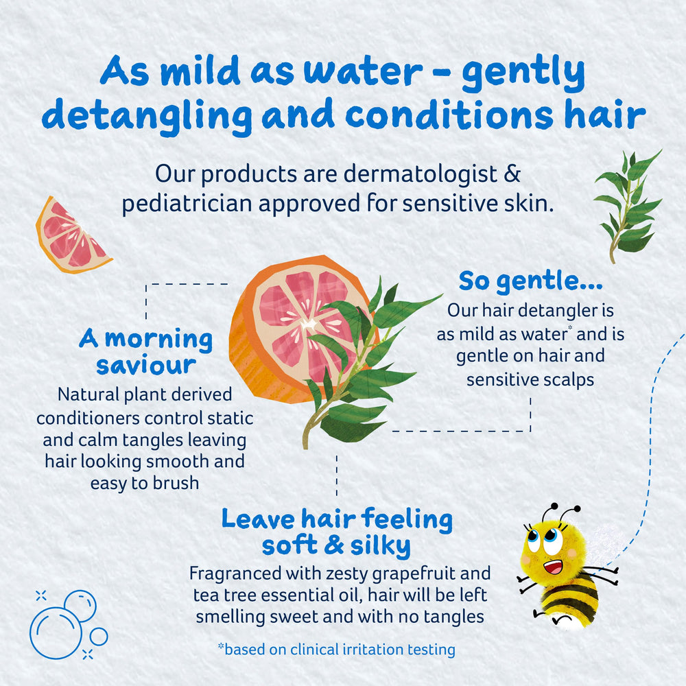 Childs Farm Kids Hair Detangler applied on dry hair during morning routine.