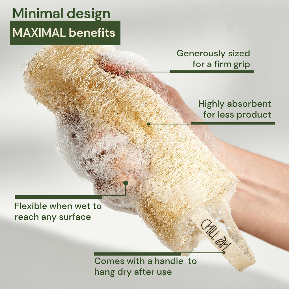 Chill Ah Green Glow loofah in a bathroom scene for gentle cleansing.