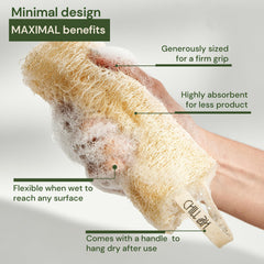 Chill Ah Green Glow loofah in a bathroom scene for gentle cleansing.