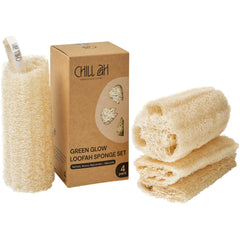 Chill Ah Green Glow loofah sponge set close-up showing natural texture and fibers.