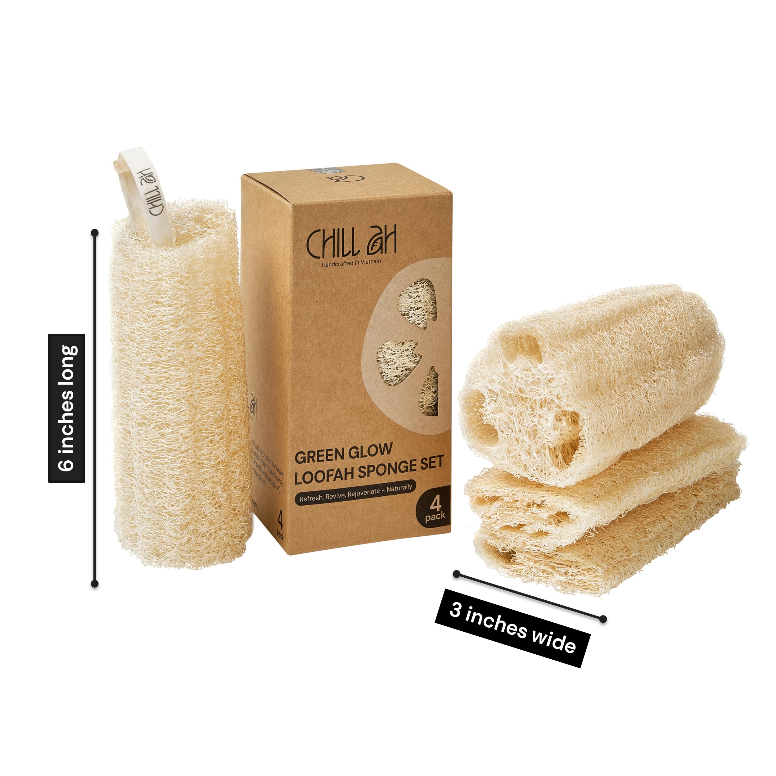 Chill Ah plant-based loofah sponge set beside a soap bar for sustainable cleansing.