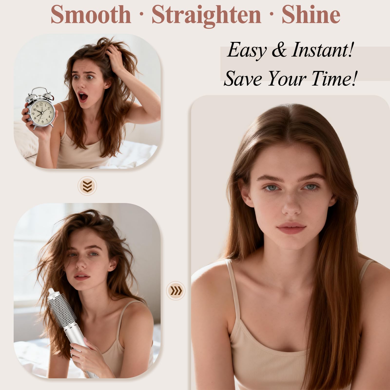 Round brush attachment works for all hair types for versatile styling.