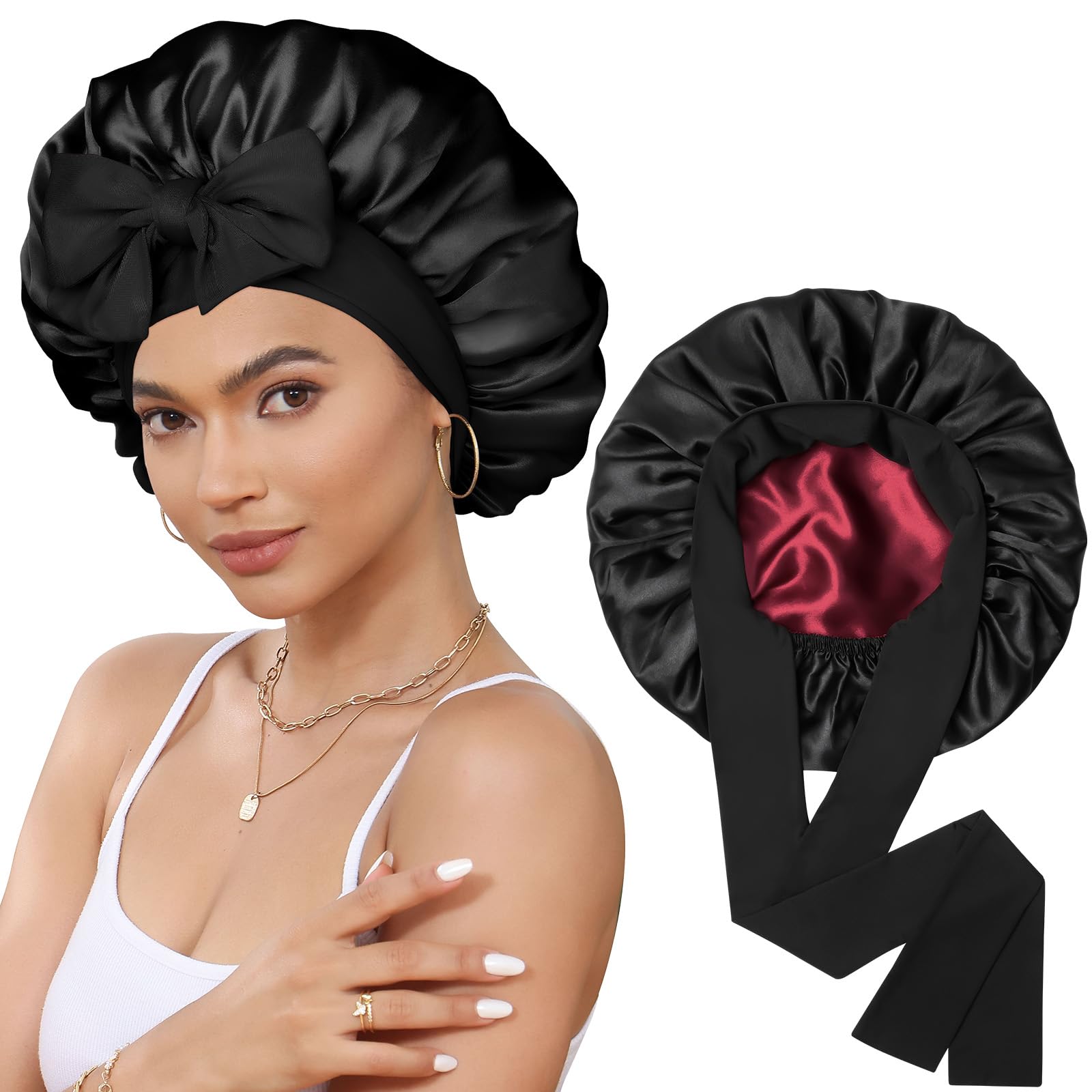CHLINS bonete satén doble capa para dormir protege el cabello y mantiene la humedad.