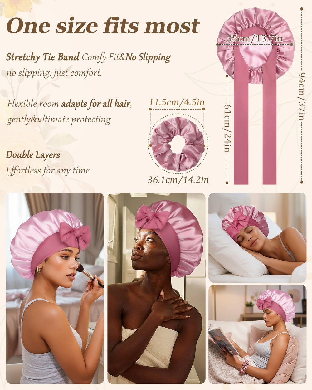 CHLINS satin bonnet bean-paste pink color showcases chic, gentle styling against pillows.