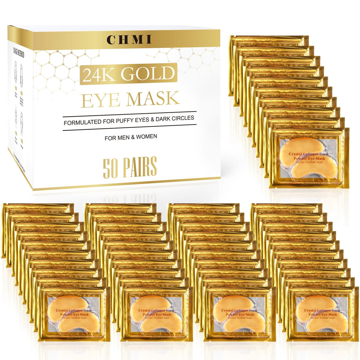 CHMI parches oculares 24K dorado en empaque, cuidado suave para la delicada zona.
