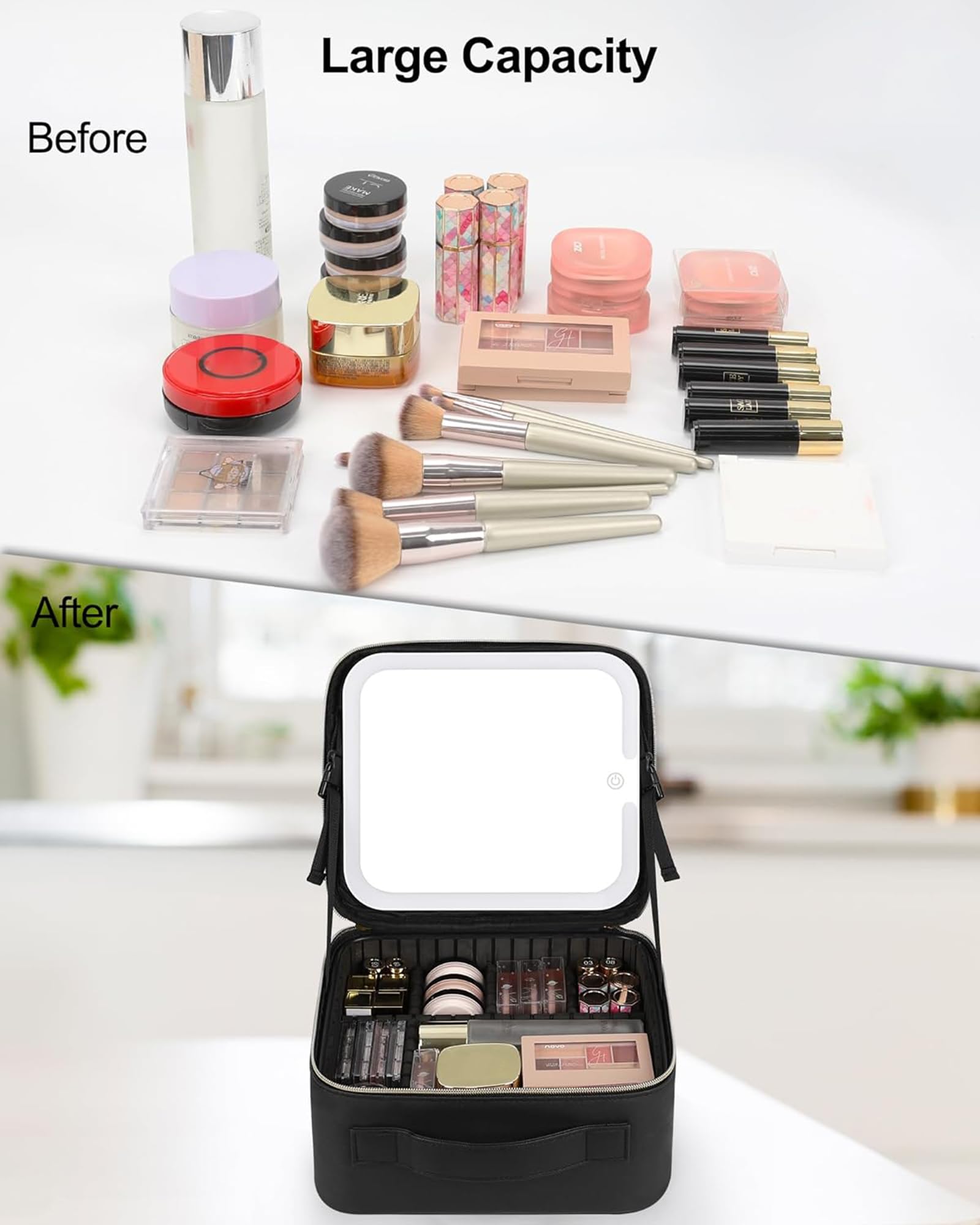 Chomeiu makeup bag USB-rechargeable mirror with adjustable lighting.