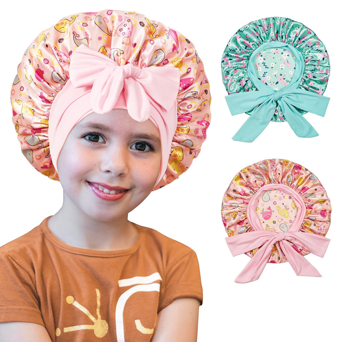Bonete de seda CHOSHION para niñas protege rizos durante el sueño.