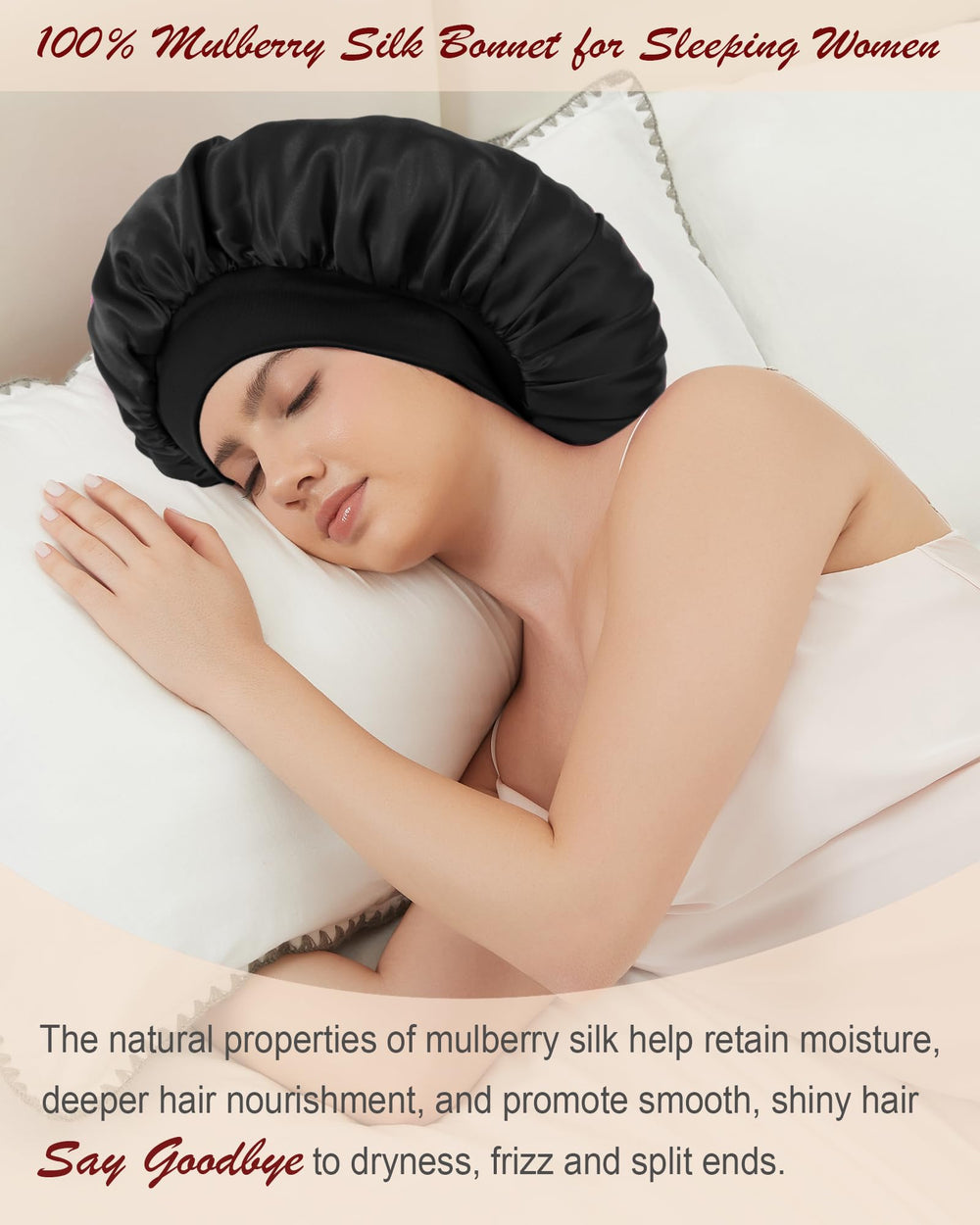 Choshion silk bonnet with wide elastic band stays secure without marks.