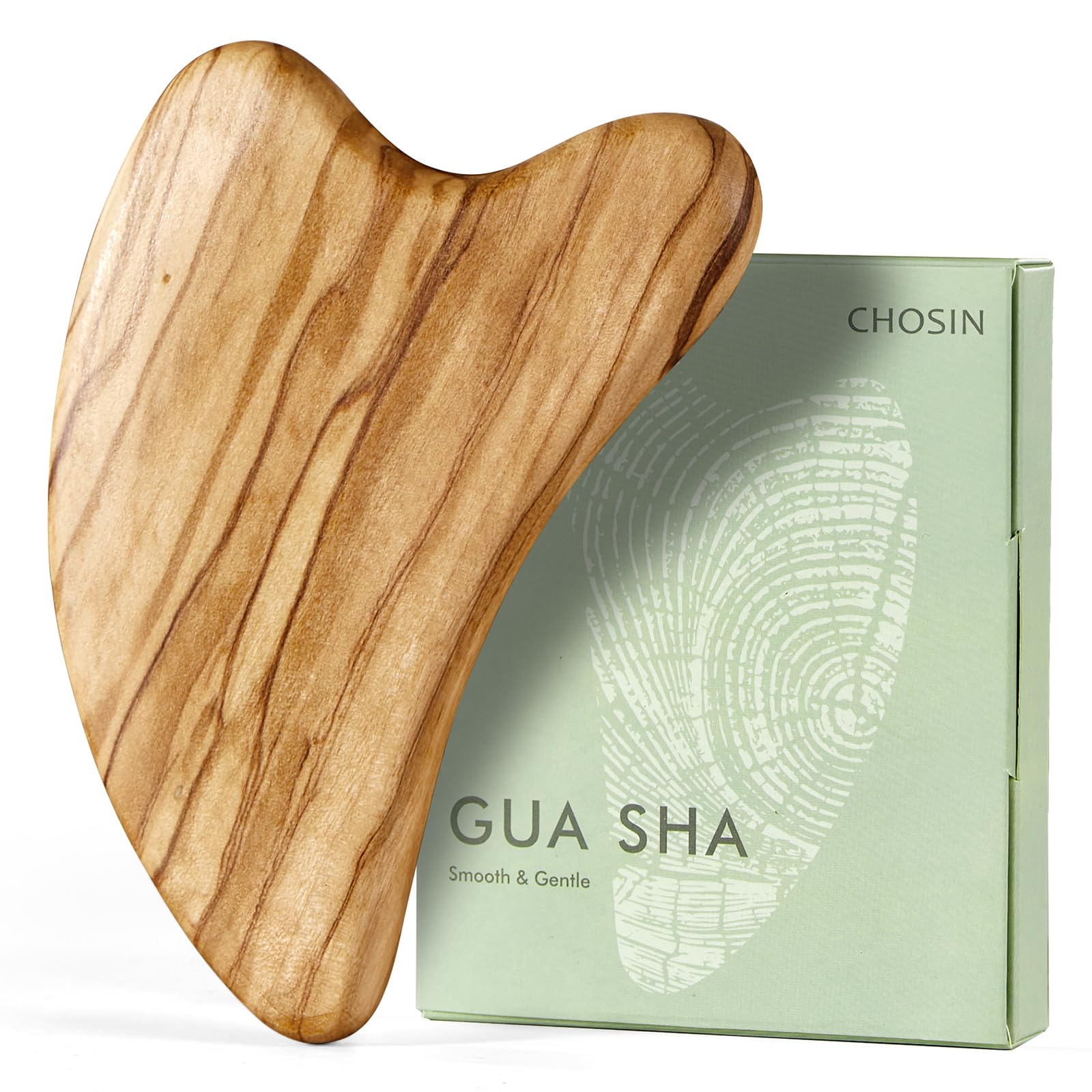 CHOSIN gua sha tool for face massage with olive wood texture, gentle skincare benefits
