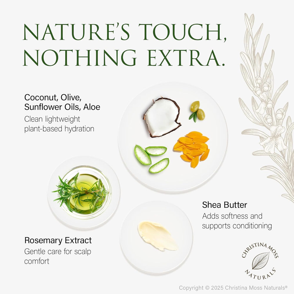 Christina Moss Naturals Shampoo bottle in bathroom setting, unscented for sensitive skin