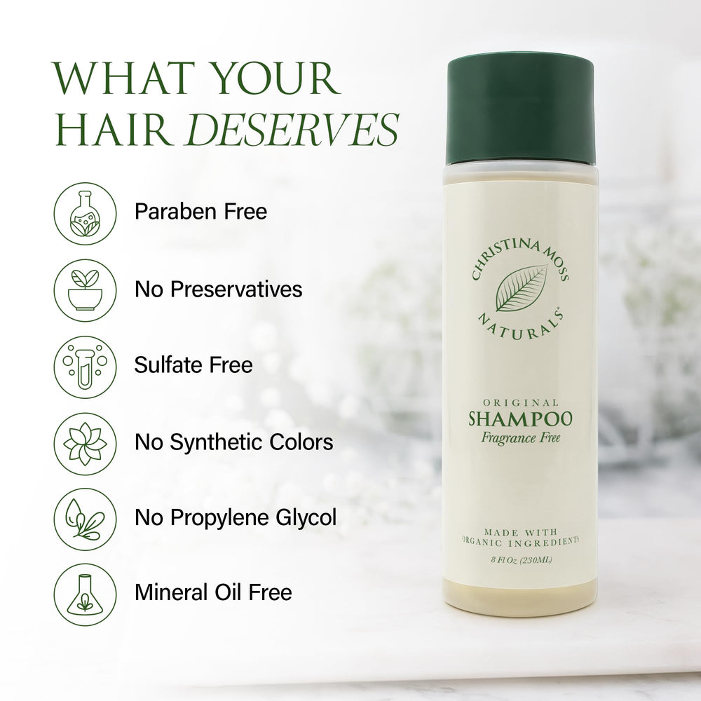 Christina Moss Naturals Shampoo bottle and rosemary sprig highlights clarifying benefits