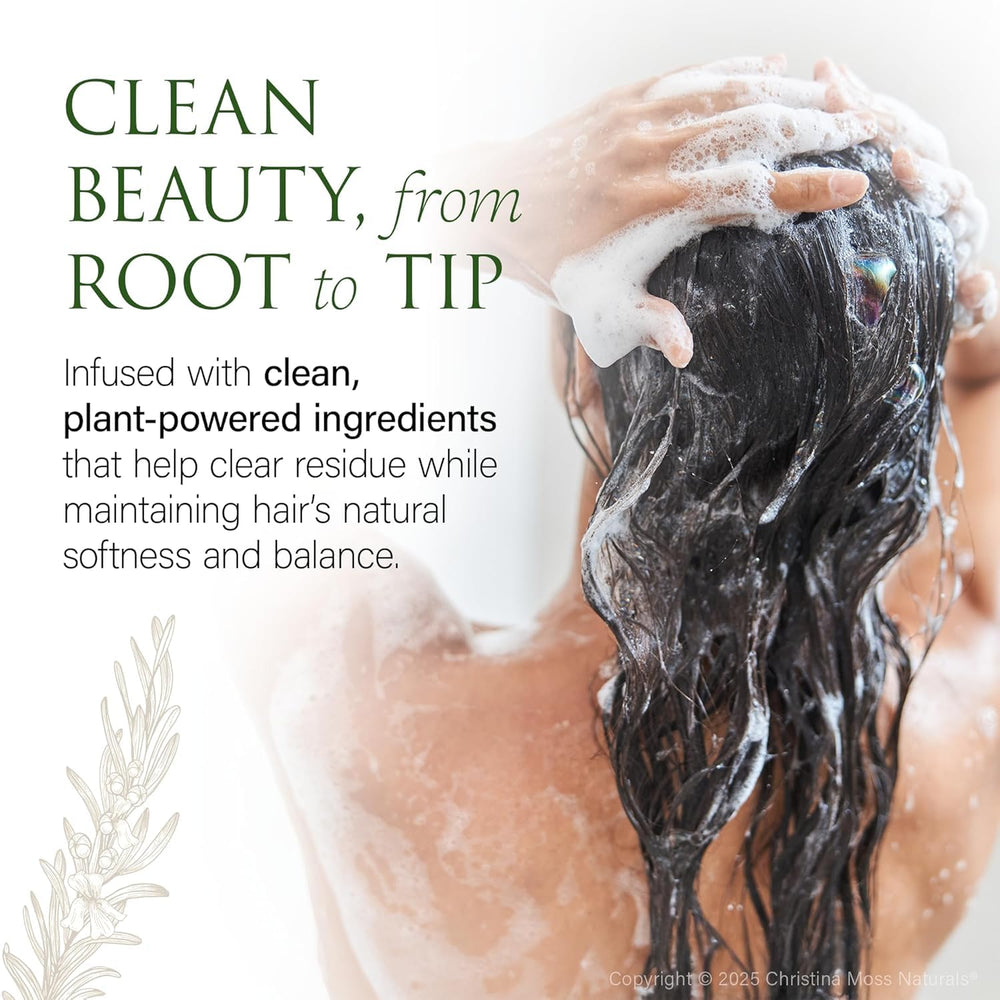 Christina Moss Naturals Shampoo shown with color-treated hair safety reassurance