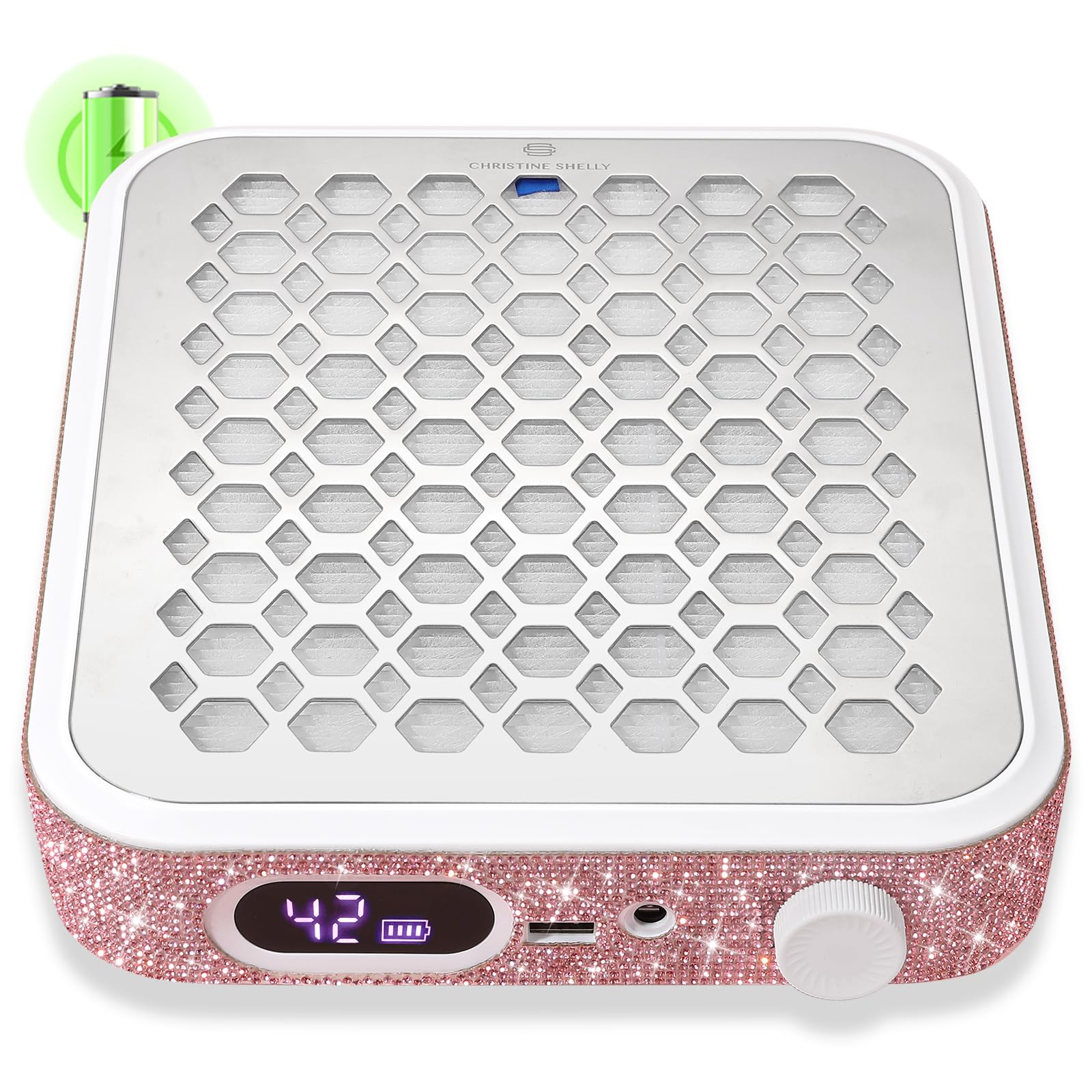 CHRISTINE SHELLY nail dust collector in recharge mode, capturing fine nail dust for a cleaner workspace.