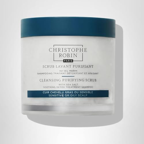 Christophe Robin Purifying Scalp Scrub bottle close-up with sea salt grains