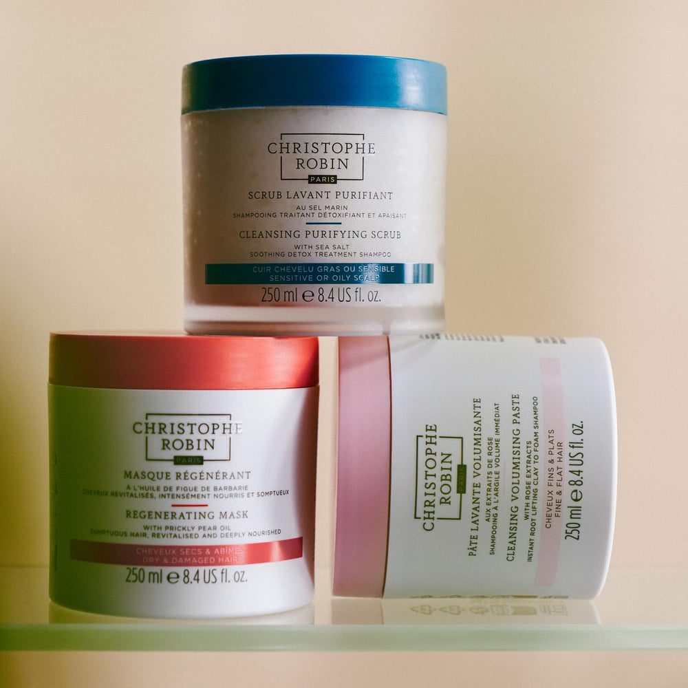 Christophe Robin Purifying Scalp Scrub lather forms on damp hair