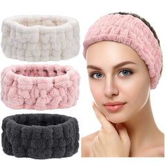 Chuangdi diadema spa rosa, vista frontal, mantiene el cabello fuera de la cara durante la limpieza facial.