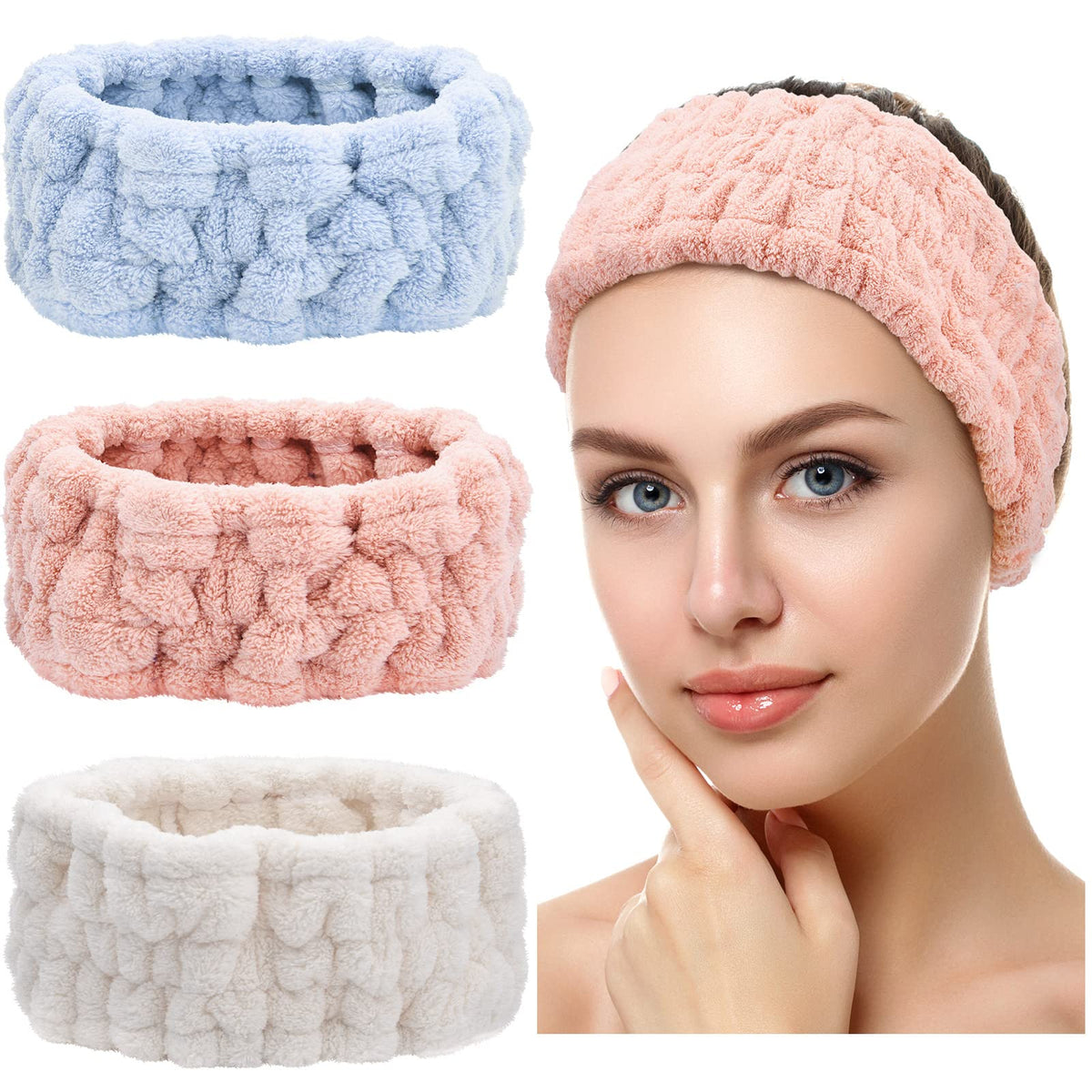Chuangdi spa headband blue close-up shows soft microfiber fleece for makeup removal